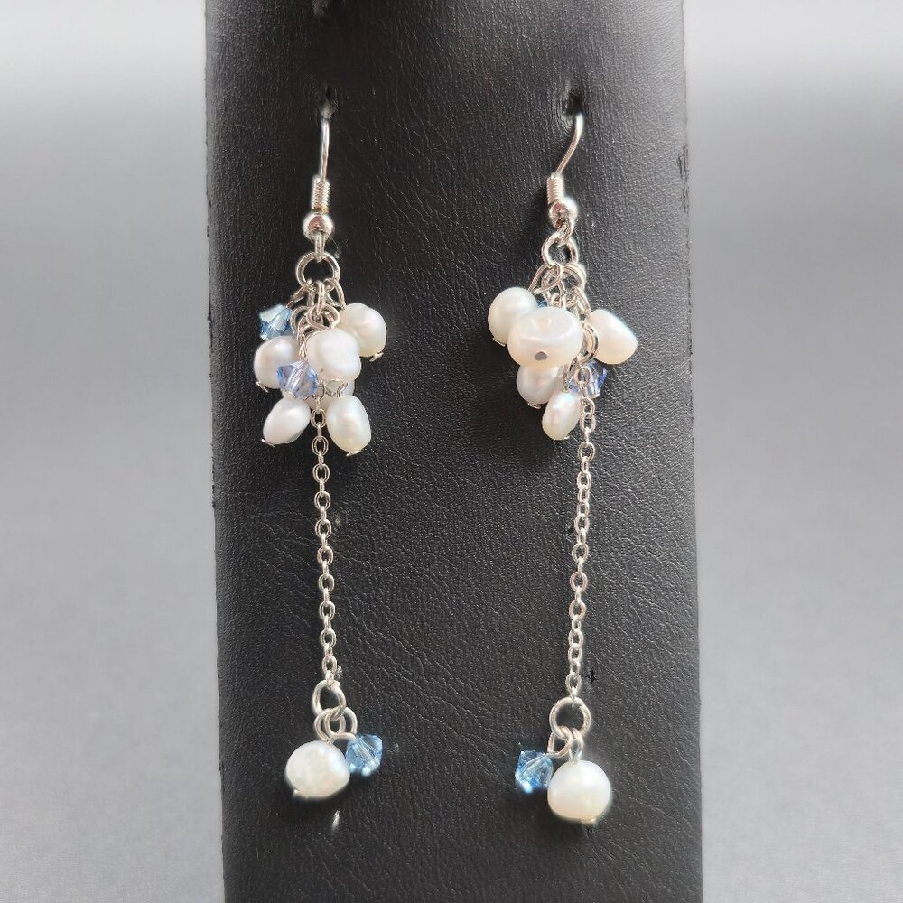 Silver Plated Genuine Pearls And Crystals Long Earrings A6483